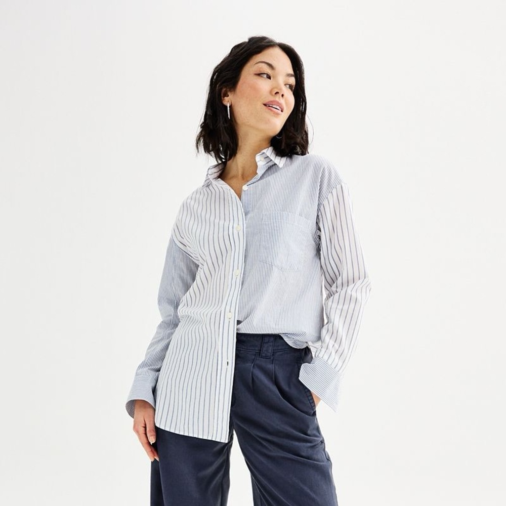 Women's Sonoma Goods For Life® Oversized Boyfriend Shirt Blue and White Stripes